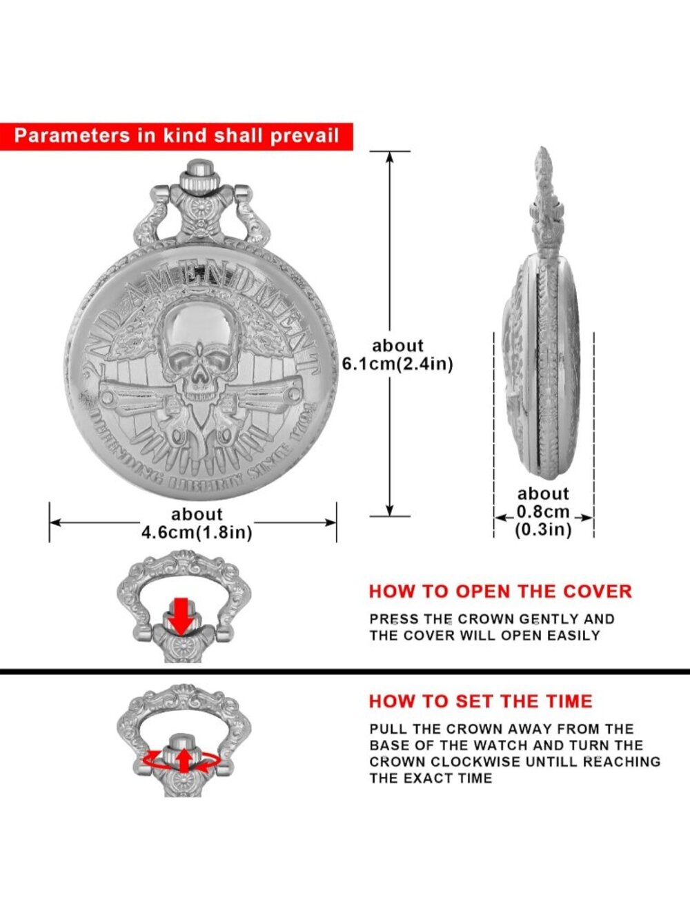 Men's Silver Analog Quartz Arabic Numerals Engraved Skull Vintage Pocket Watch - Picture 7 of 7